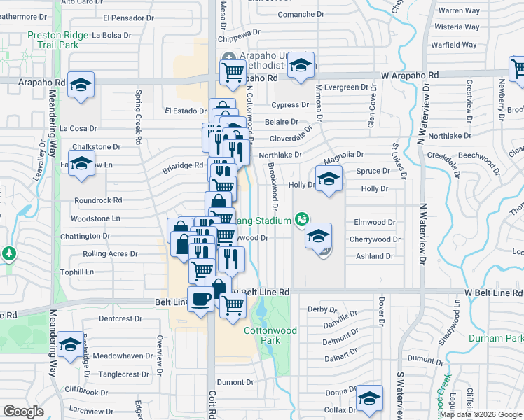 map of restaurants, bars, coffee shops, grocery stores, and more near 311 North Cottonwood Drive in Richardson