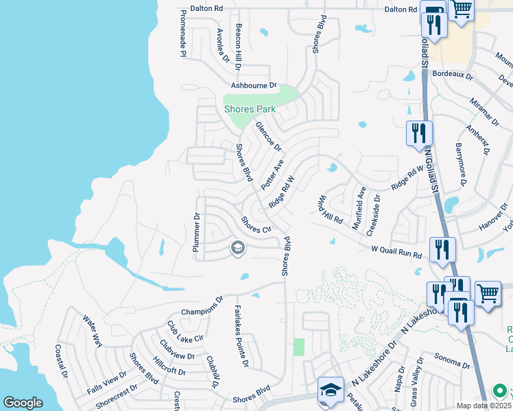 map of restaurants, bars, coffee shops, grocery stores, and more near 1290 Shores Boulevard in Rockwall