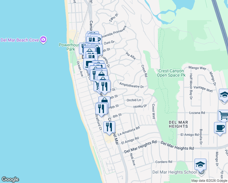 map of restaurants, bars, coffee shops, grocery stores, and more near 425 11th Street in Del Mar