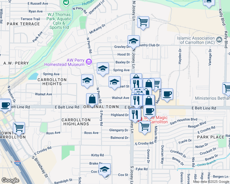 map of restaurants, bars, coffee shops, grocery stores, and more near 1820 Pearl Street in Carrollton