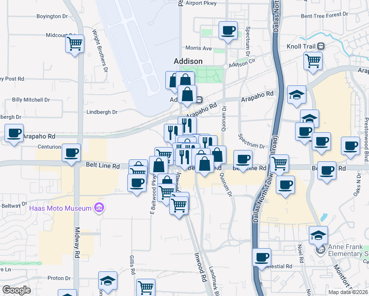 map of restaurants, bars, coffee shops, grocery stores, and more near 15148 Addison Road in Addison