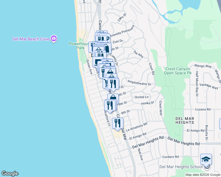 map of restaurants, bars, coffee shops, grocery stores, and more near Camino Del Mar & 11th Street in Del Mar