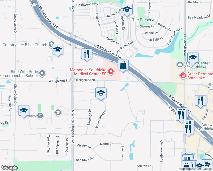 map of restaurants, bars, coffee shops, grocery stores, and more near 1049 Summerplace Lane in Southlake