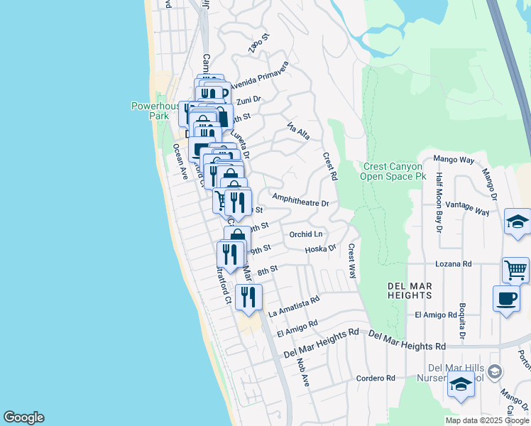 map of restaurants, bars, coffee shops, grocery stores, and more near 443 11th Street in Del Mar