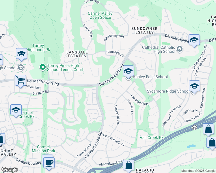 map of restaurants, bars, coffee shops, grocery stores, and more near 13092 Harwick Lane in San Diego