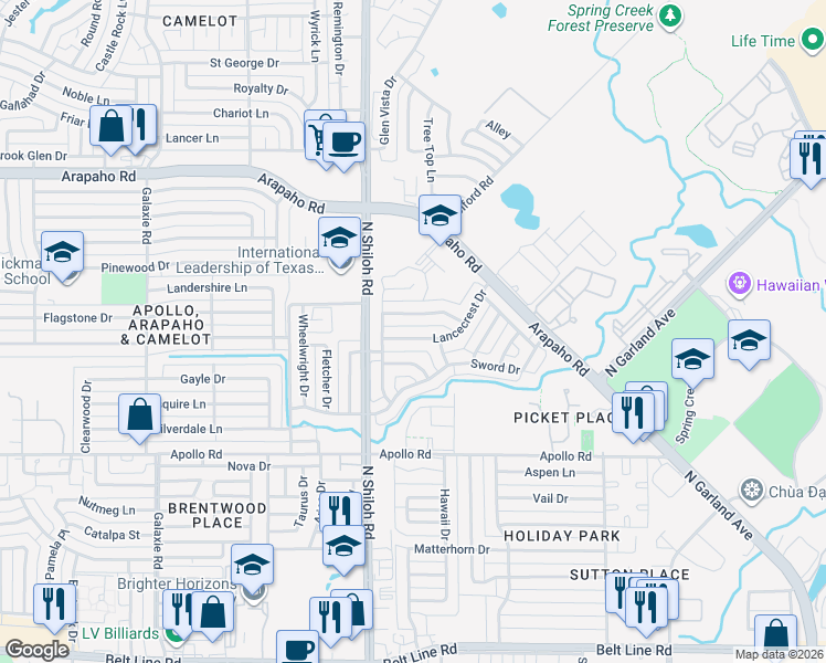 map of restaurants, bars, coffee shops, grocery stores, and more near 2314 Lancecrest Drive in Garland