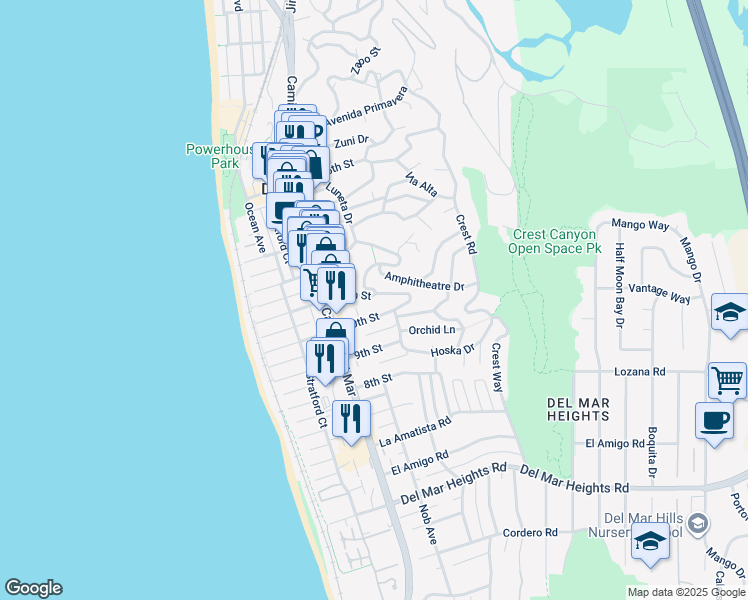 map of restaurants, bars, coffee shops, grocery stores, and more near 443 11th Street in Del Mar