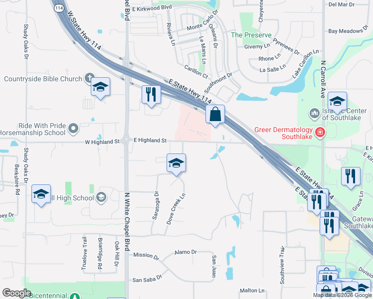 map of restaurants, bars, coffee shops, grocery stores, and more near 1045 Summerplace Lane in Southlake