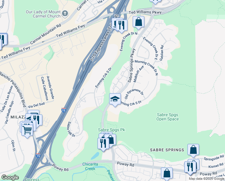 map of restaurants, bars, coffee shops, grocery stores, and more near 13006 Wimberly Square in San Diego