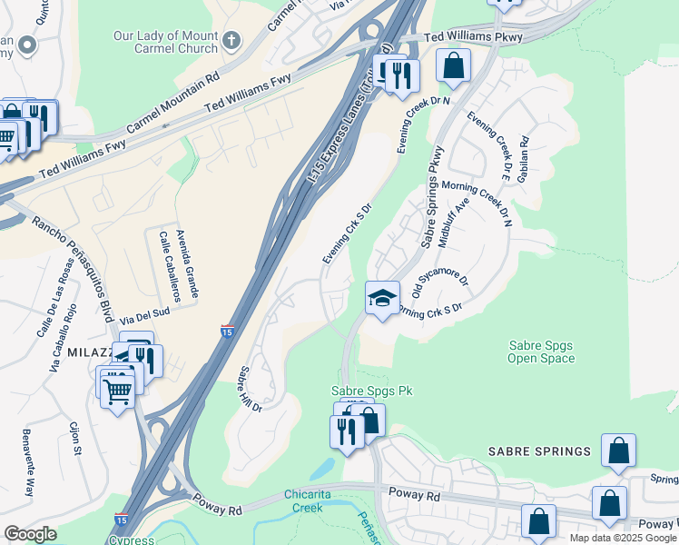 map of restaurants, bars, coffee shops, grocery stores, and more near 13045 Evening Creek Drive South in San Diego