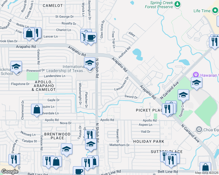 map of restaurants, bars, coffee shops, grocery stores, and more near 2314 Lancecrest Drive in Garland