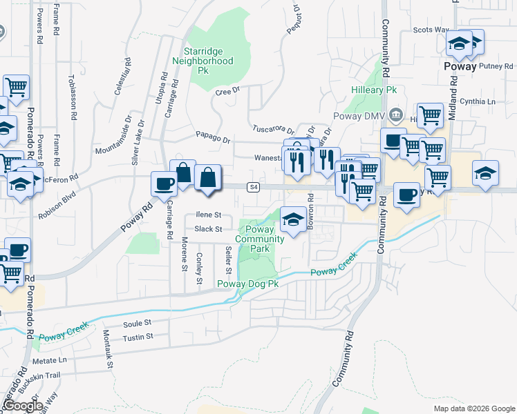 map of restaurants, bars, coffee shops, grocery stores, and more near 13085 Olympus Circle in Poway