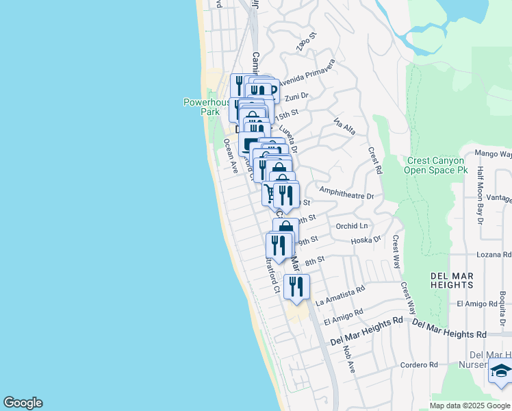 map of restaurants, bars, coffee shops, grocery stores, and more near 1105 Stratford Court in Del Mar