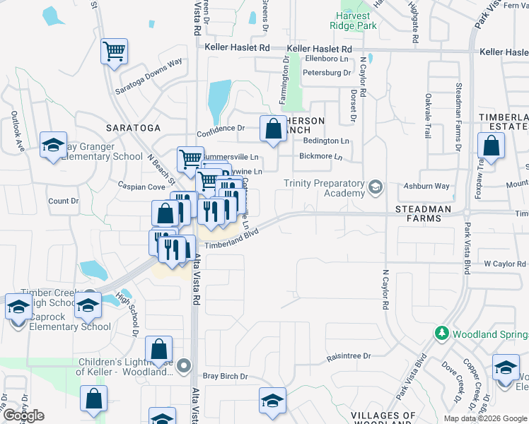 map of restaurants, bars, coffee shops, grocery stores, and more near 12601 Lillybrook Lane in Fort Worth