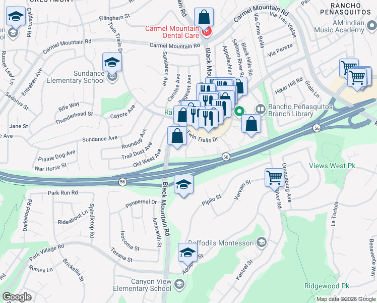 map of restaurants, bars, coffee shops, grocery stores, and more near 9316 Twin Trails Drive in San Diego