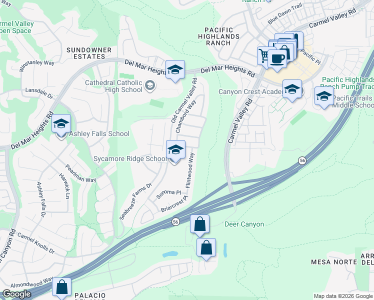 map of restaurants, bars, coffee shops, grocery stores, and more near 12971 Flintwood Way in San Diego