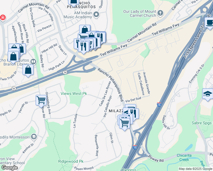 map of restaurants, bars, coffee shops, grocery stores, and more near 13124 Calle De Las Rosas in San Diego