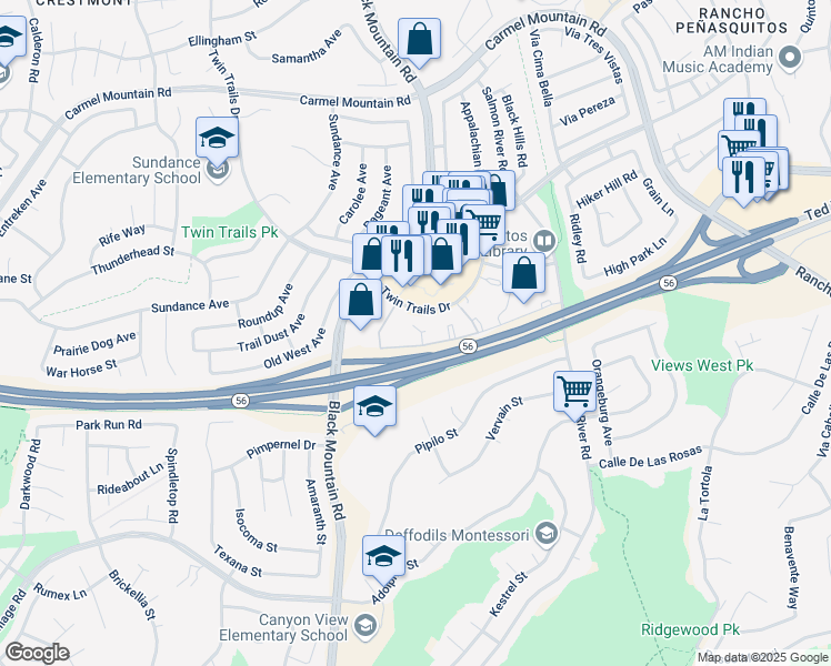 map of restaurants, bars, coffee shops, grocery stores, and more near 9322 Twin Trails Drive in San Diego