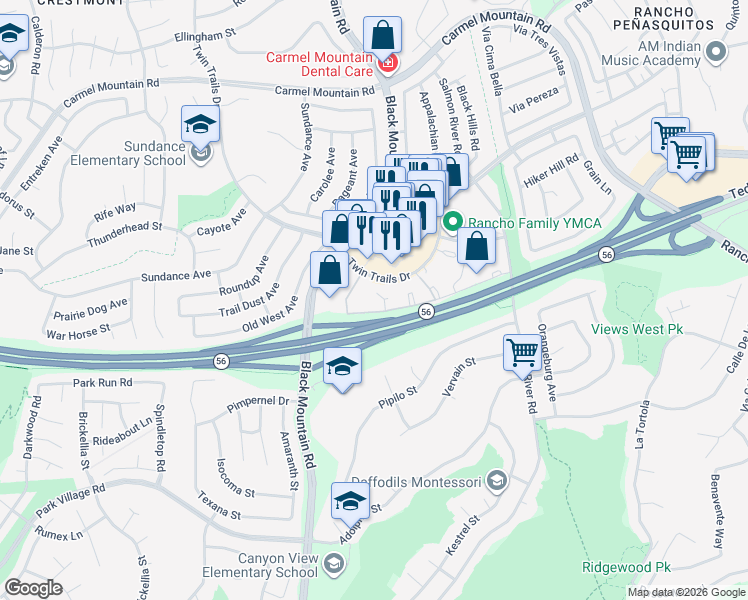map of restaurants, bars, coffee shops, grocery stores, and more near 9336 Twin Trails Drive in San Diego