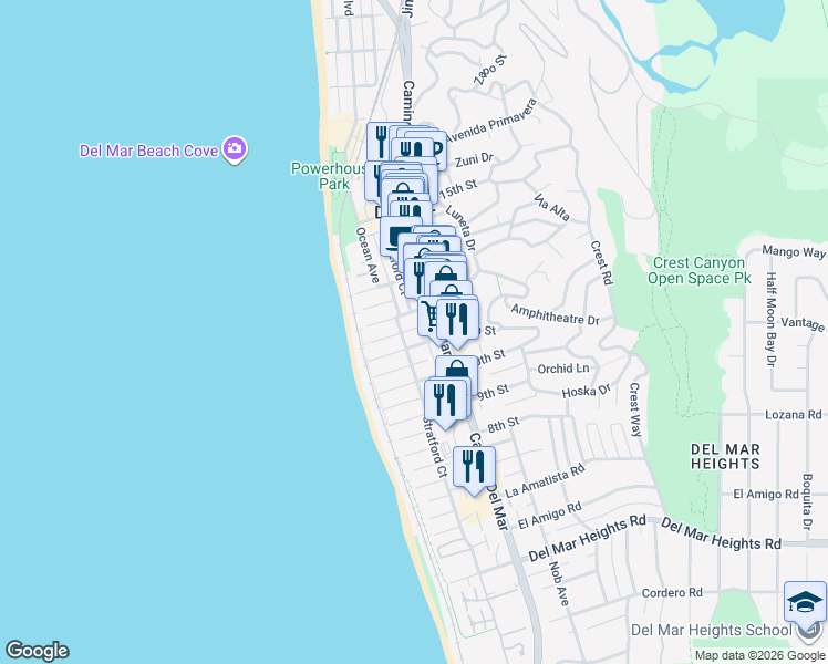 map of restaurants, bars, coffee shops, grocery stores, and more near 143 11th Street in Del Mar