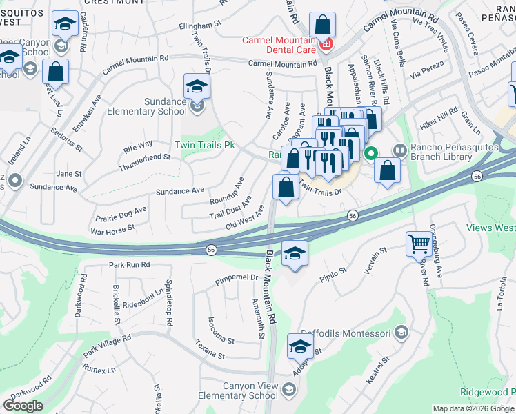 map of restaurants, bars, coffee shops, grocery stores, and more near 13113 Old West Avenue in San Diego