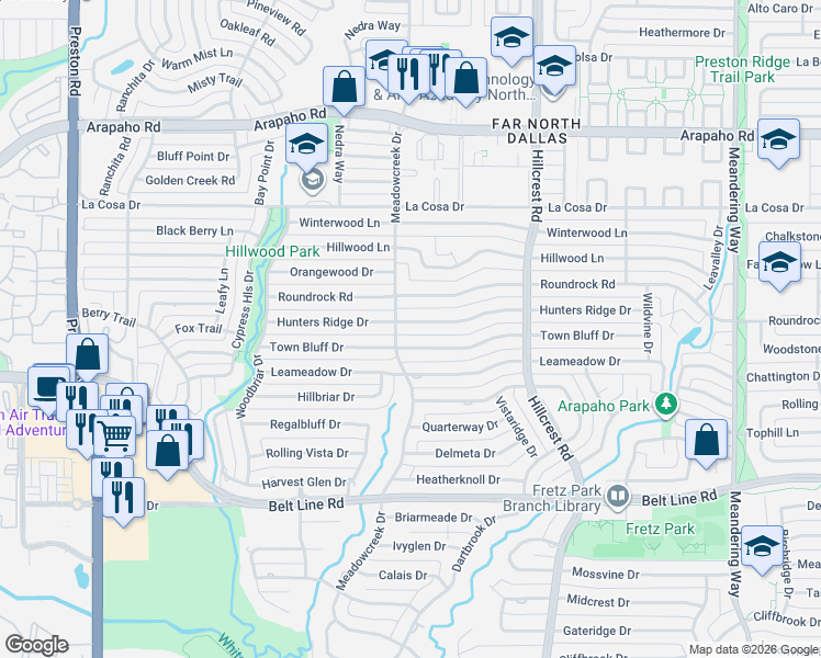 map of restaurants, bars, coffee shops, grocery stores, and more near 6772 Town Bluff Drive in Dallas