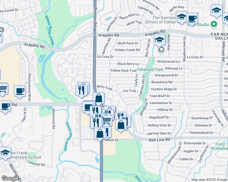map of restaurants, bars, coffee shops, grocery stores, and more near 15221 Berry Trail in Dallas