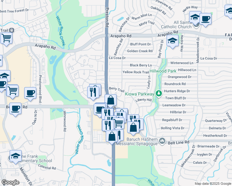 map of restaurants, bars, coffee shops, grocery stores, and more near 15221 Berry Trail in Dallas