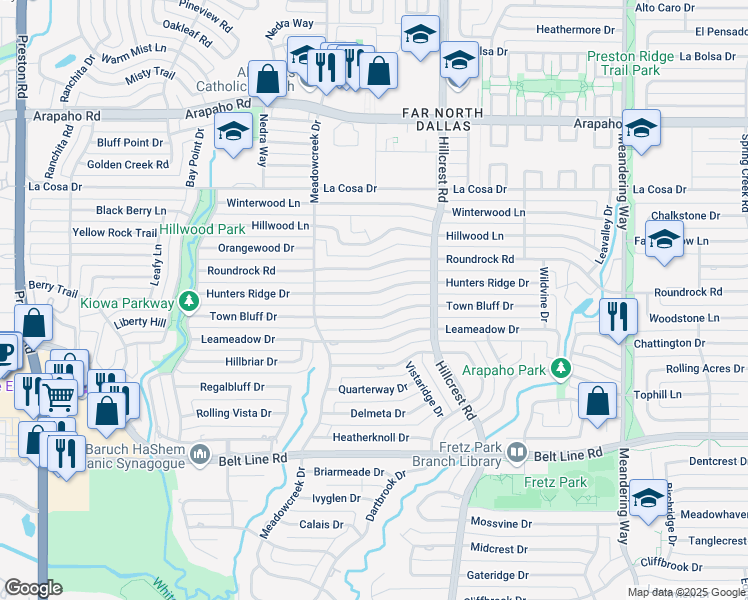 map of restaurants, bars, coffee shops, grocery stores, and more near 6911 Town Bluff Drive in Dallas