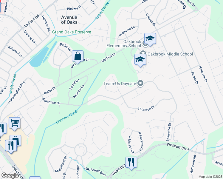 map of restaurants, bars, coffee shops, grocery stores, and more near 5107 Thornton Drive in Summerville
