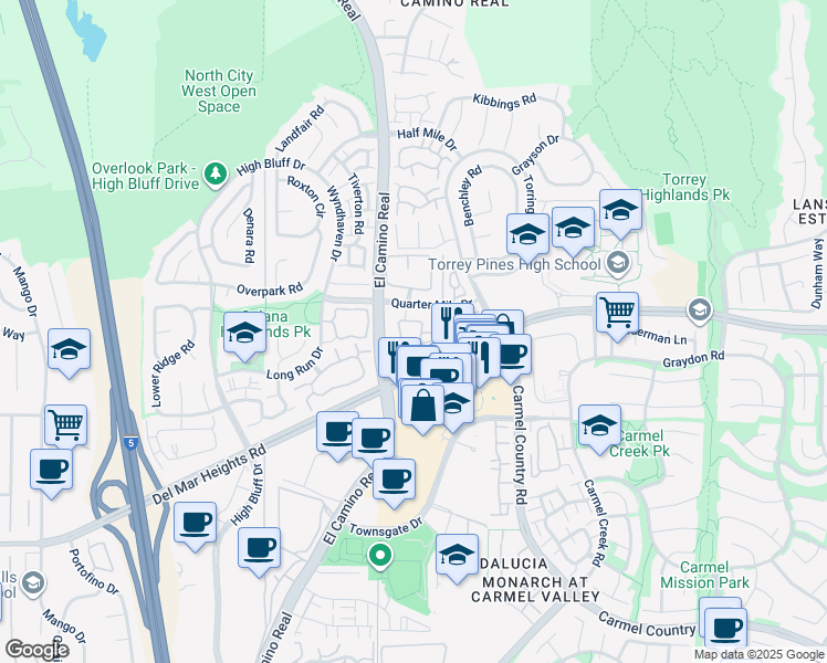 map of restaurants, bars, coffee shops, grocery stores, and more near 13006 Signature Point in San Diego