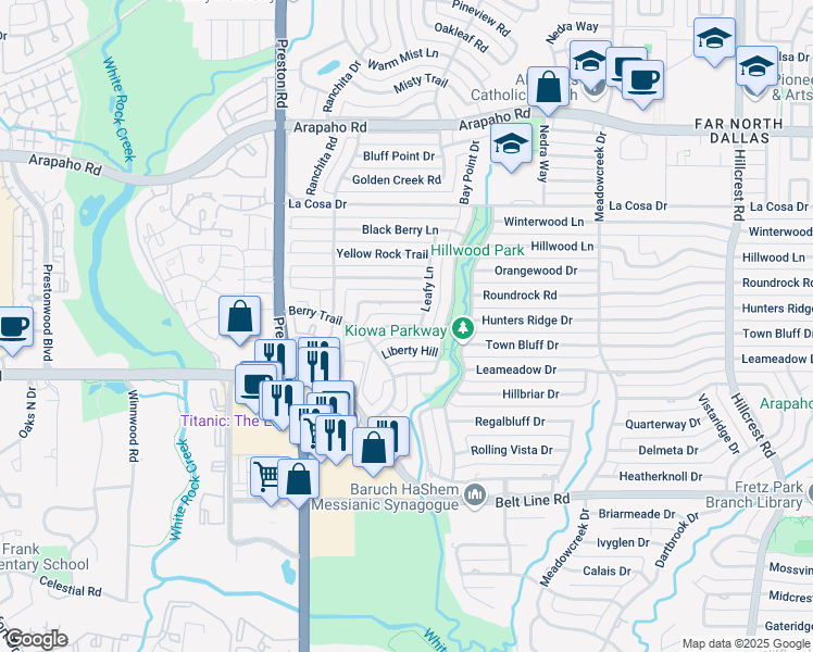 map of restaurants, bars, coffee shops, grocery stores, and more near Fox Trail in Dallas