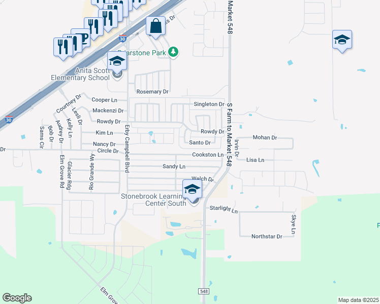 map of restaurants, bars, coffee shops, grocery stores, and more near 224 Cookston Lane in Royse City