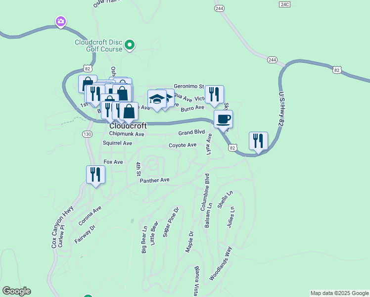 map of restaurants, bars, coffee shops, grocery stores, and more near 713 Squirrel Ave in Cloudcroft