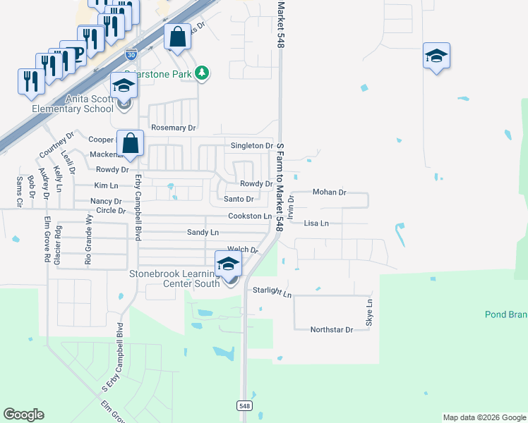 map of restaurants, bars, coffee shops, grocery stores, and more near 116 Cookston Lane in Royse City