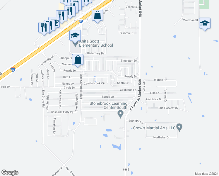 map of restaurants, bars, coffee shops, grocery stores, and more near 312 Cookston Lane in Royse City