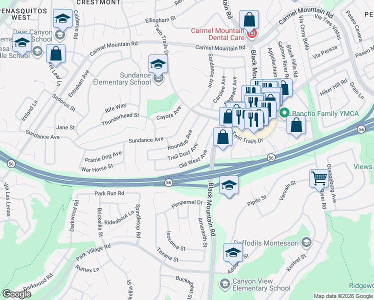 map of restaurants, bars, coffee shops, grocery stores, and more near 13086 Old West Avenue in San Diego
