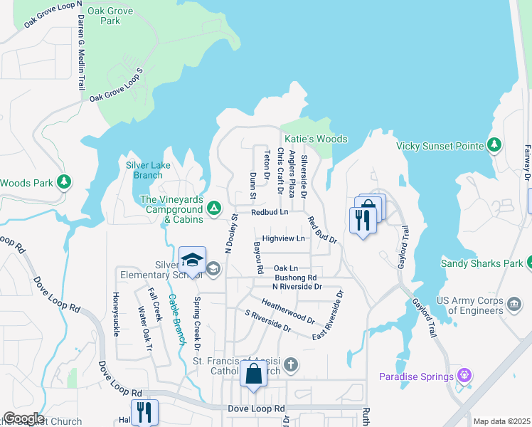 map of restaurants, bars, coffee shops, grocery stores, and more near 1410 Bayou Road in Grapevine