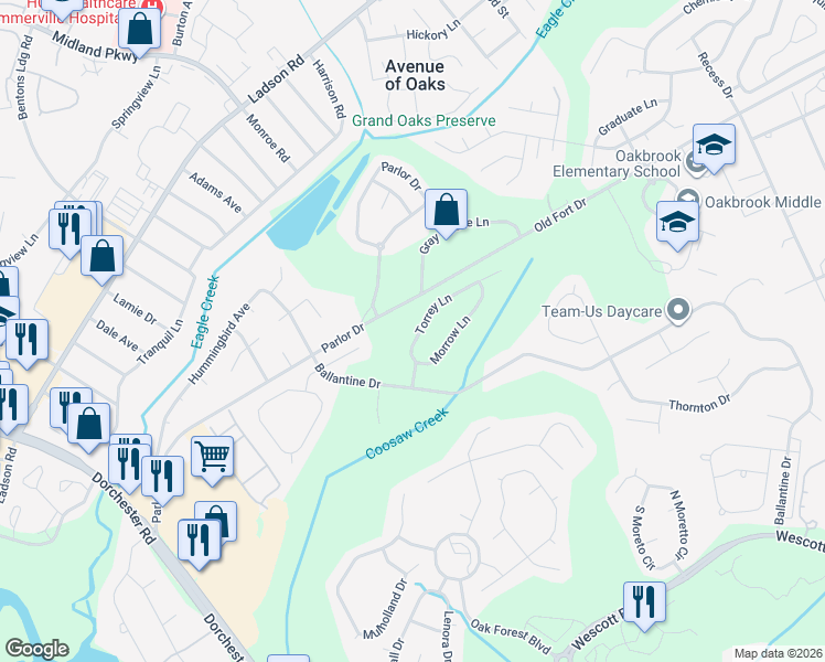 map of restaurants, bars, coffee shops, grocery stores, and more near 5158 Torrey Lane in Summerville