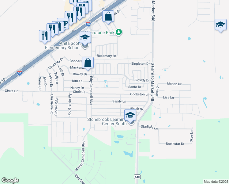 map of restaurants, bars, coffee shops, grocery stores, and more near 328 Sandy Lane in Royse City