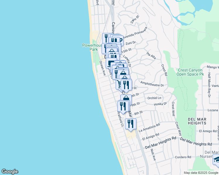 map of restaurants, bars, coffee shops, grocery stores, and more near 147 12th Street in Del Mar