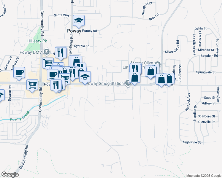map of restaurants, bars, coffee shops, grocery stores, and more near 13900 Poway Road in Poway