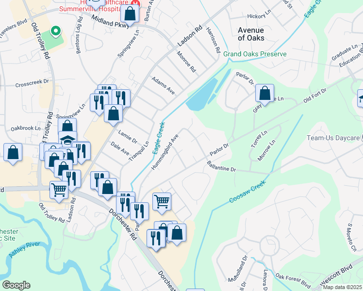 map of restaurants, bars, coffee shops, grocery stores, and more near 144 Hummingbird Avenue in Ladson