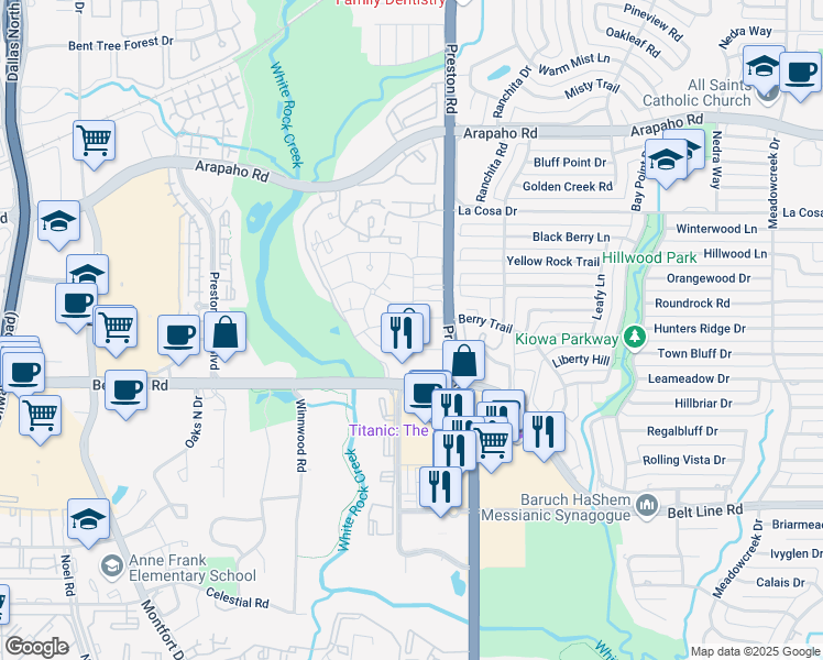 map of restaurants, bars, coffee shops, grocery stores, and more near 15249 Preston Road in Dallas