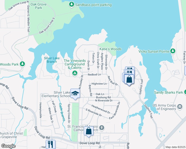 map of restaurants, bars, coffee shops, grocery stores, and more near 625 Red Bud Drive in Grapevine