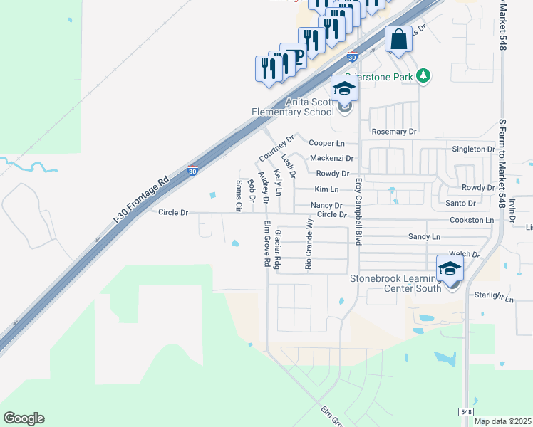 map of restaurants, bars, coffee shops, grocery stores, and more near in Royse City