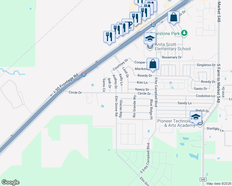 map of restaurants, bars, coffee shops, grocery stores, and more near 2001 Elm Grove Road in Royse City