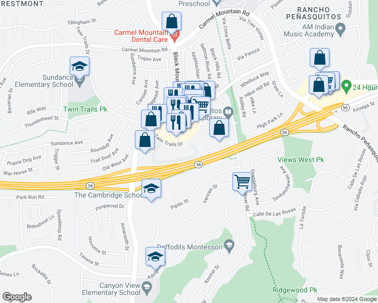 map of restaurants, bars, coffee shops, grocery stores, and more near 13173 Black Mountain Road in San Diego