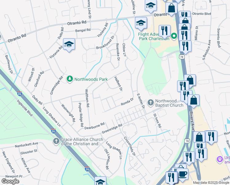 map of restaurants, bars, coffee shops, grocery stores, and more near 8194 Copperas Hill Drive in North Charleston