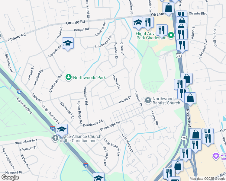 map of restaurants, bars, coffee shops, grocery stores, and more near 8194 Copperas Hill Drive in North Charleston
